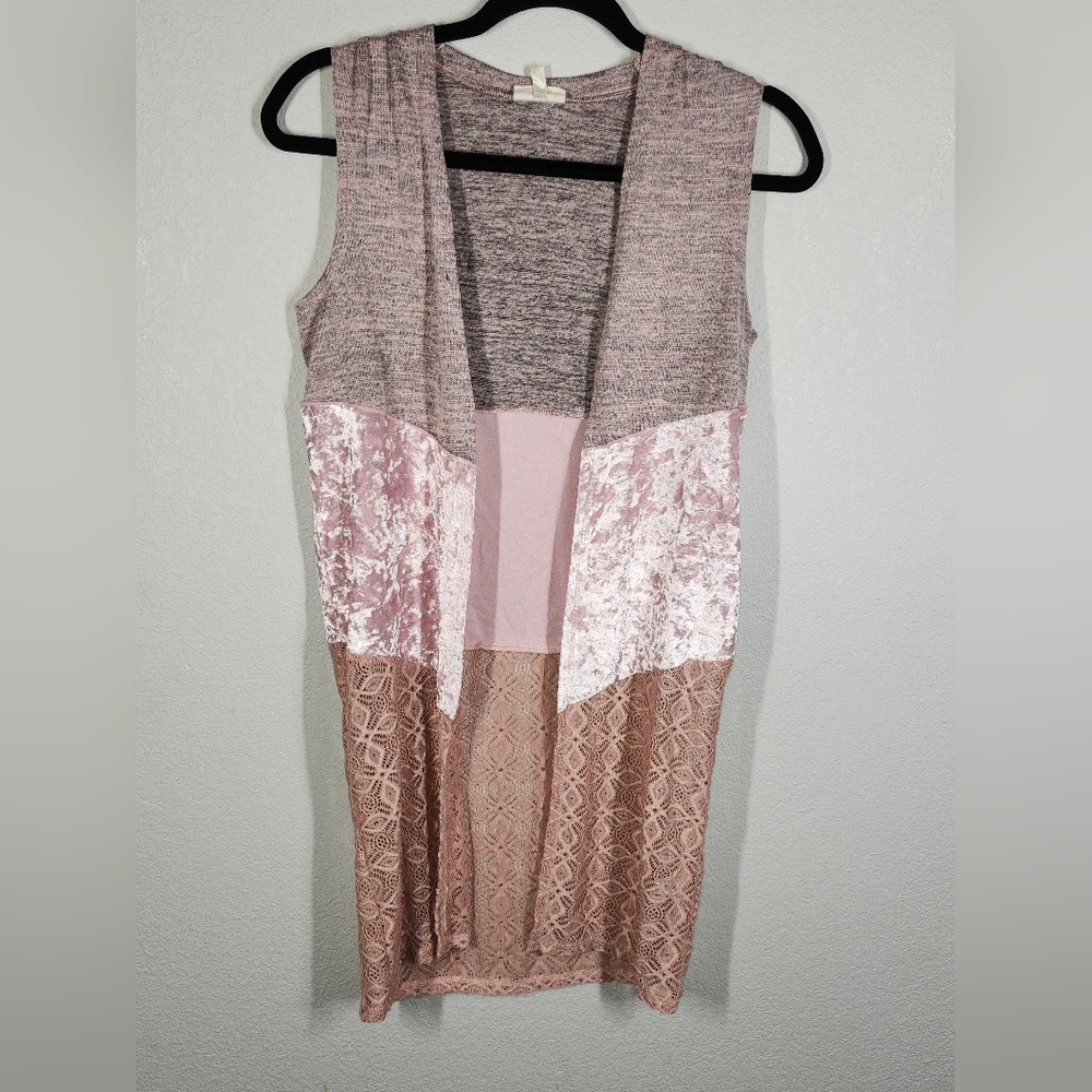 3/$25 Self Esteem Women’s Colorblock Open Front Vest Medium Pink Lace Velvet Y2K